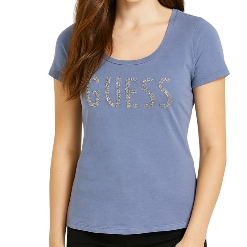 Guess Los Angeles Womens Terez Sequin Scoop Neck Top Persian Blue L New Pullover